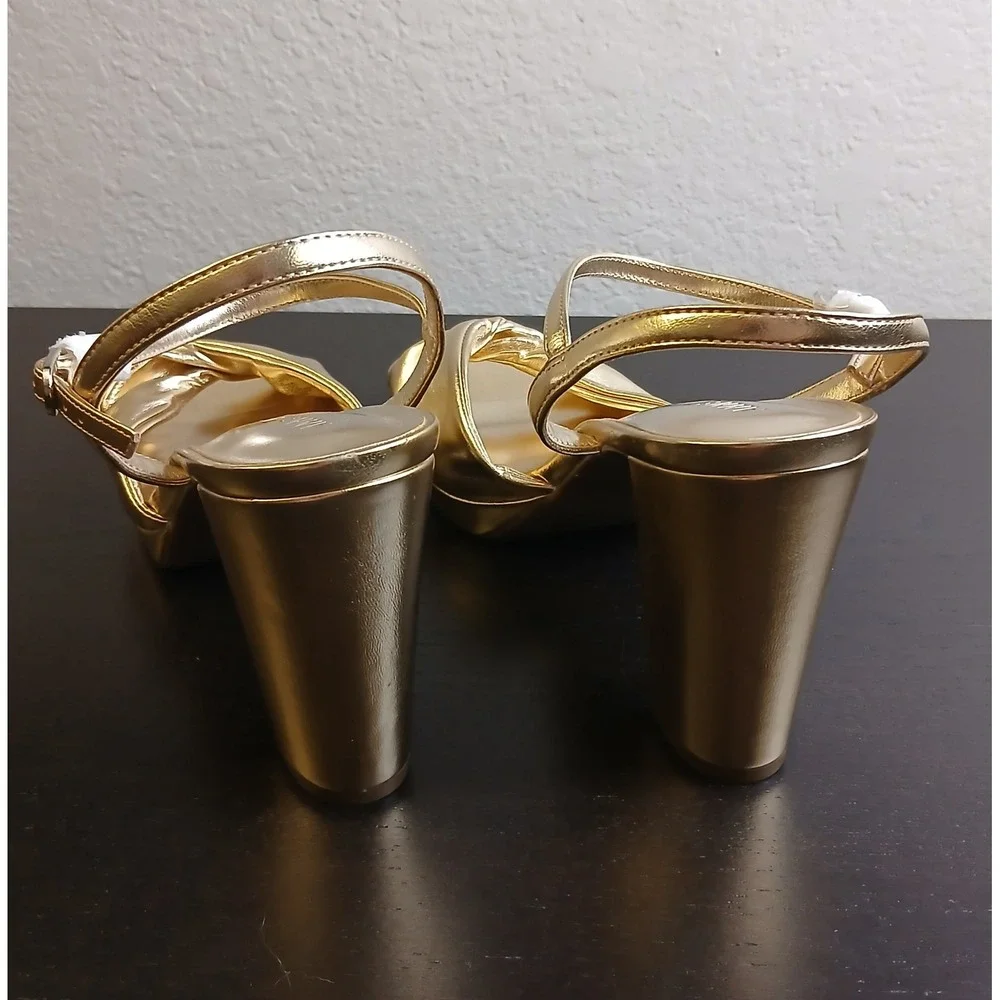 Anne Klein AKVALENTINE-W Gold Metallic Knotted Platform Block Heel Sandals 10W